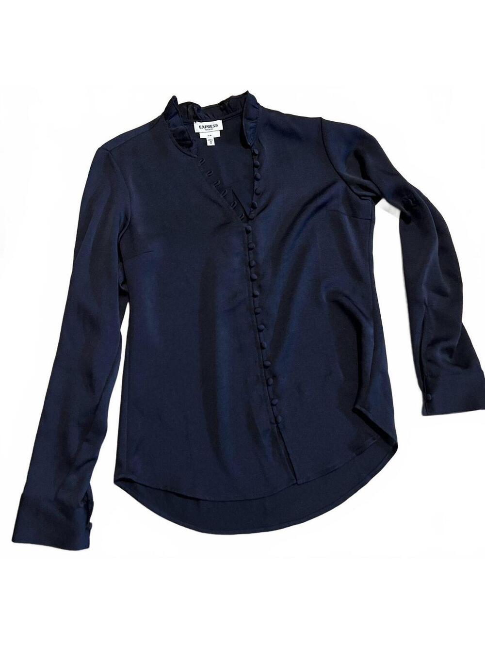 Express Portofino Slim Fit Navy Blue Long Sleeve Blouse XS